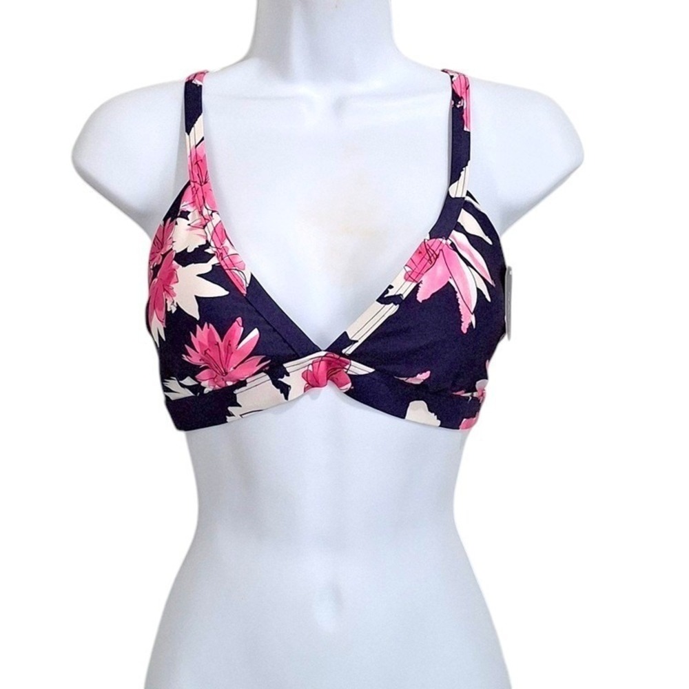 Nautica Triangle Bikini Top Large Navy Blue Pink Floral Tie Back Swimwear New